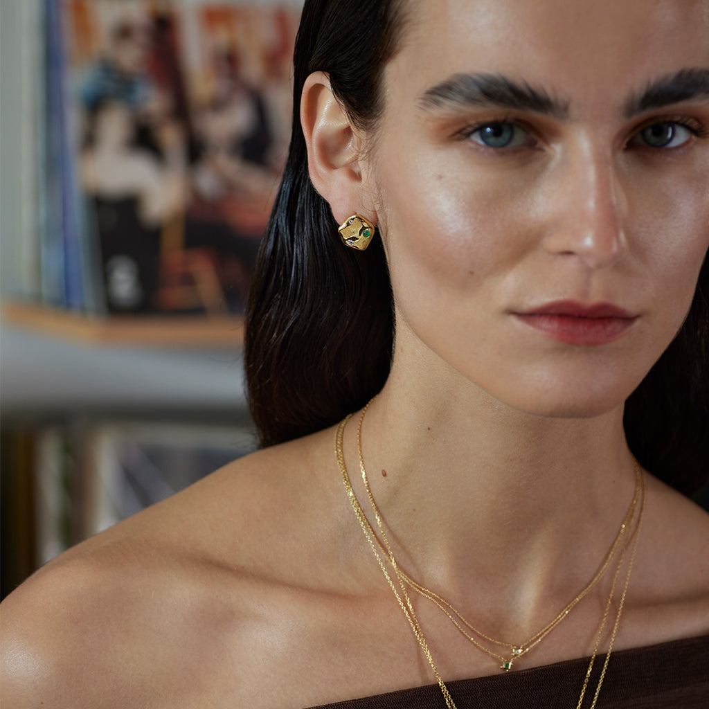 Cosmos Solstice Medallion Earrings 14K Gold Plate, White Topaz & Emerald