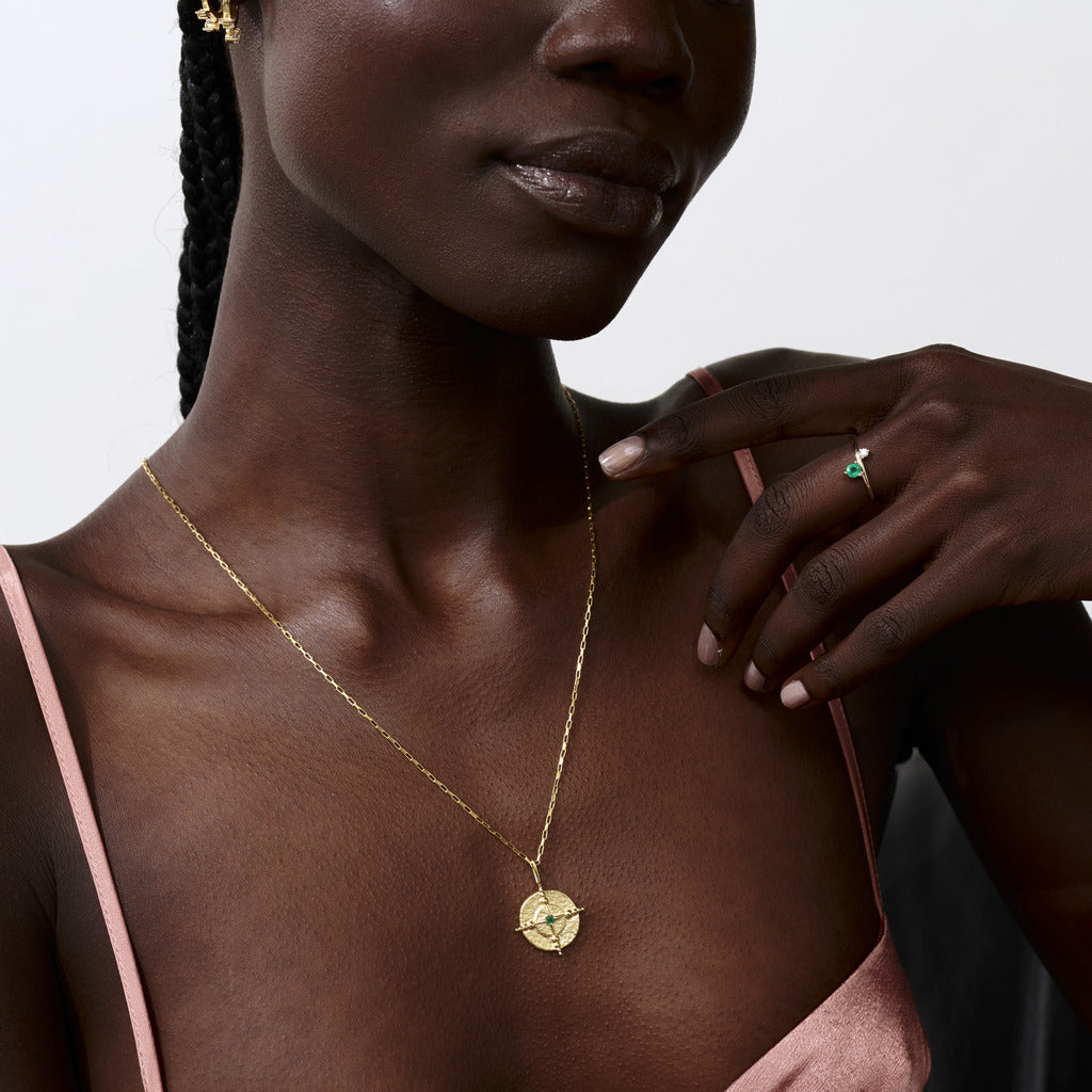 North Star Medallion Charm 14K Gold Plate & White Topaz