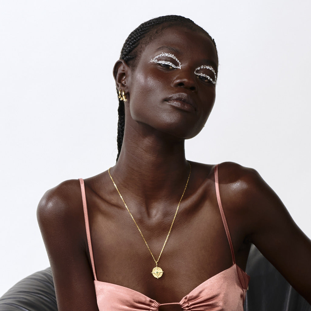 North Star Medallion Charm 14K Gold Plate & White Topaz