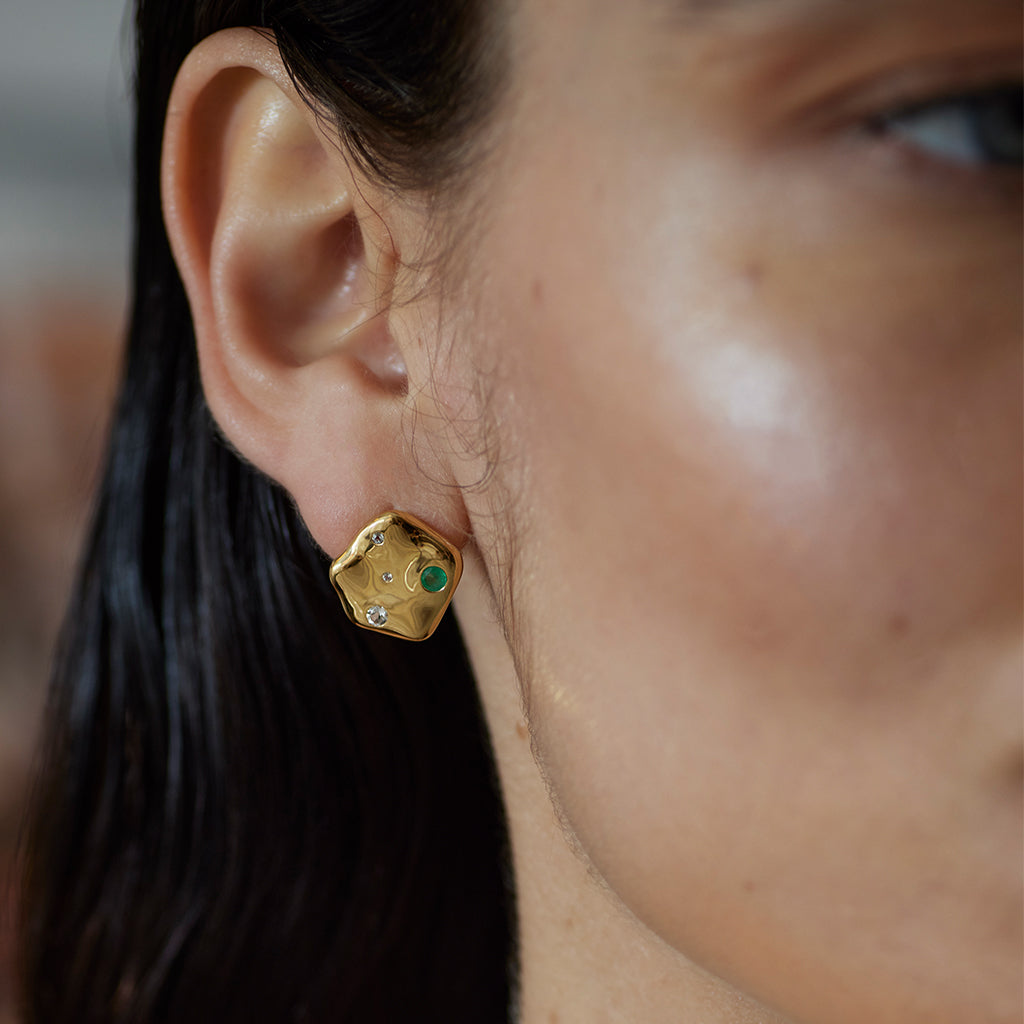 Cosmos Solstice Medallion Earrings 14K Gold Plate, White Topaz &amp; Emerald