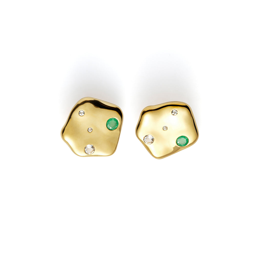Solstizio Del Cosmo | Cosmos Solstice Medallion Earrings | Gold, White Topaz &amp; Emerald