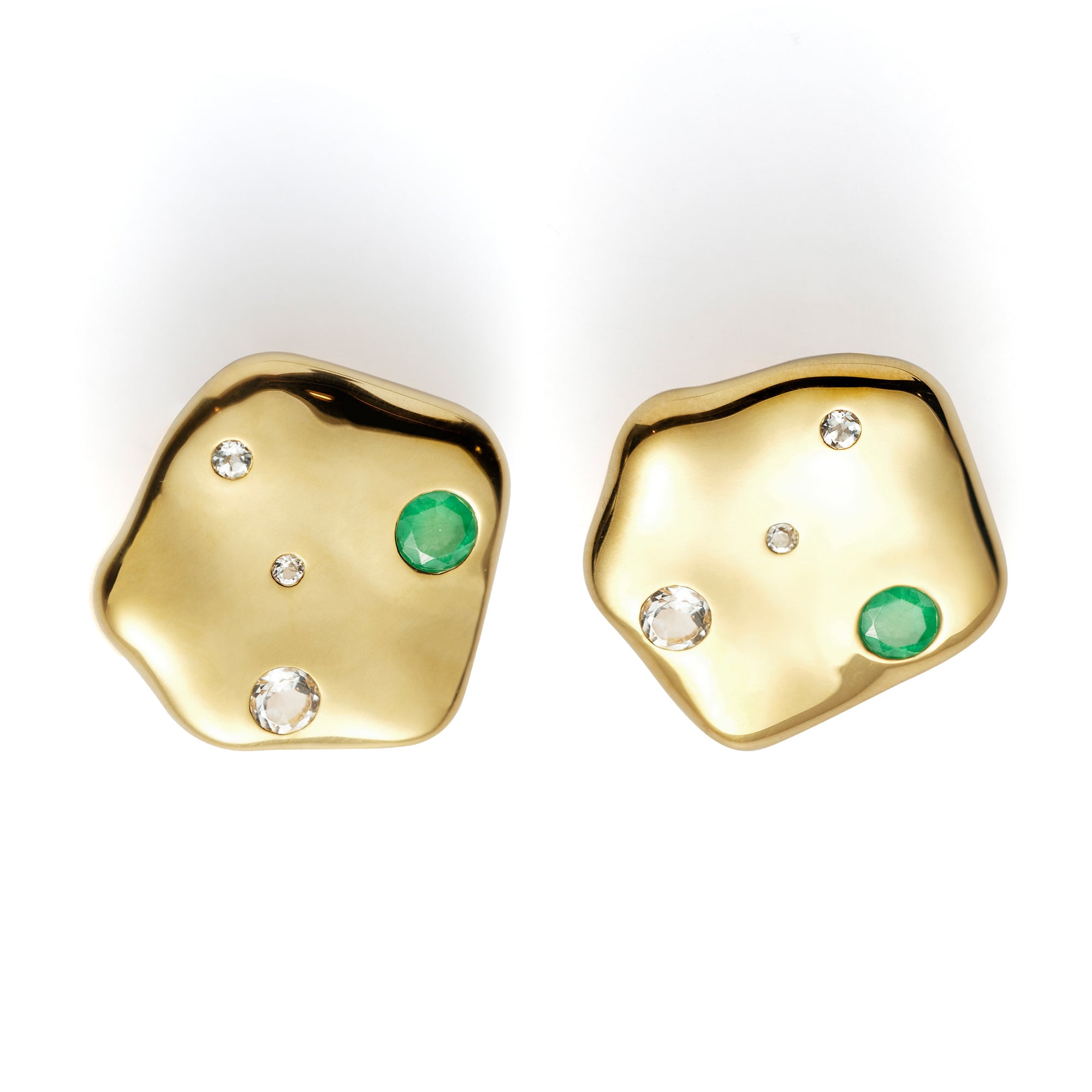 Cosmos Solstice Medallion Earrings 14K Gold Plate, White Topaz & Emerald