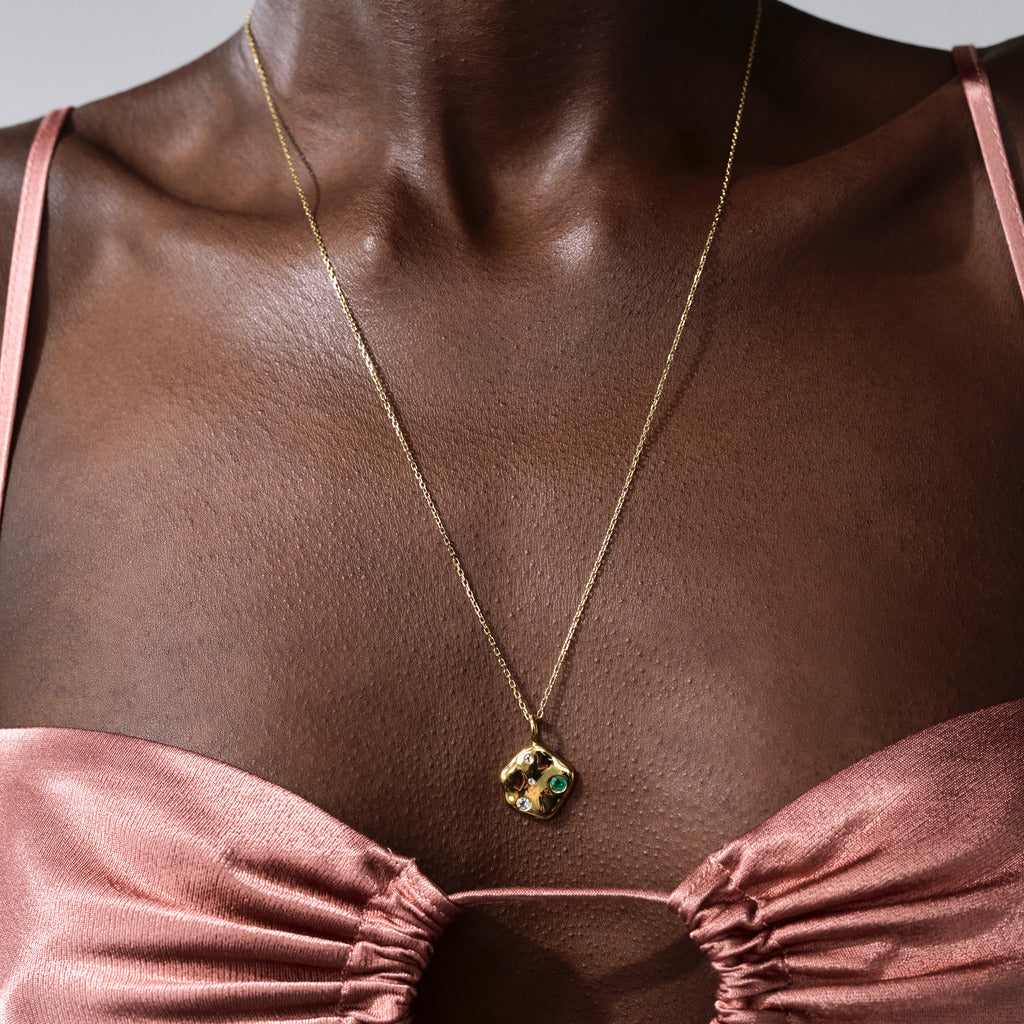 Cosmos Solstice Medallion 14K Gold Plate, White Topaz &amp; Emerald